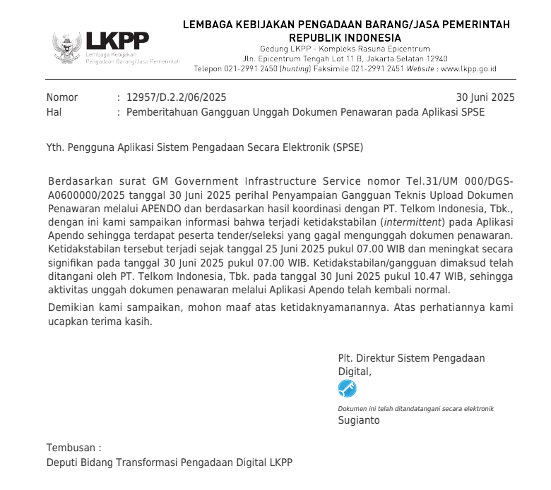 Gangguan Unggah Dokumen Penawaran pada Aplikasi SPSE