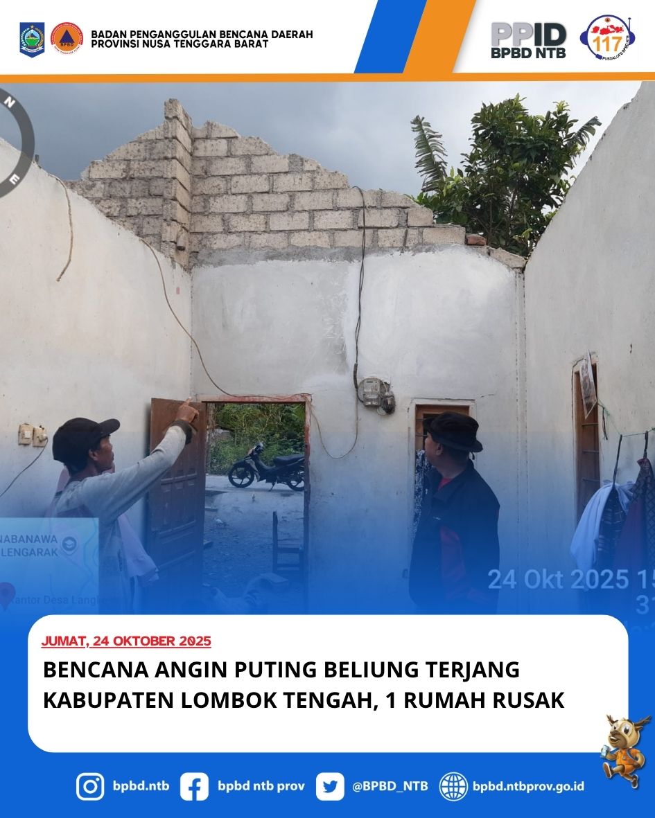Bencana Angin Puting Beliung Terjang Kabupaten Lombok Tengah, 1 Rumah Rusak