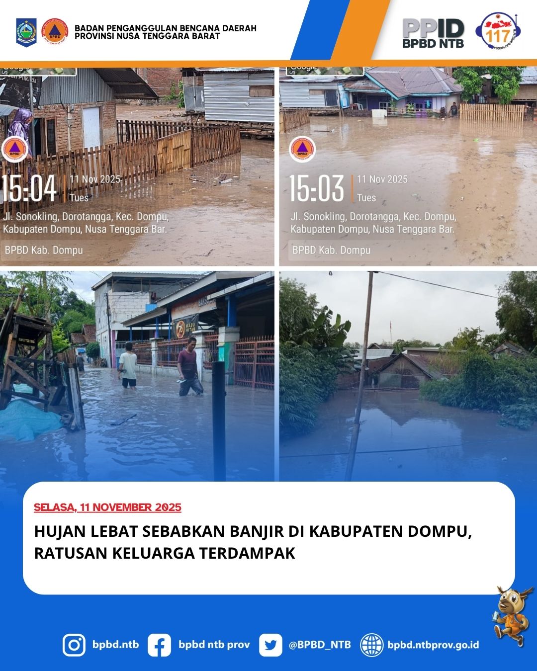 HUJAN LEBAT SEBABKAN BANJIR DI KABUPATEN DOMPU, RATUSAN KELUARGA TERDAMPAK