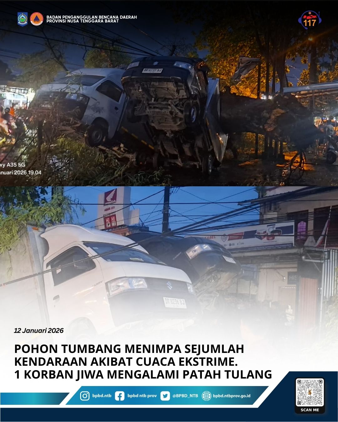 Pohon Tumbang Menimpa Sejumlah Kendaraan Akibat Cuaca Ekstrime. 1 Korban Jiwa Mengalami Patah Tulang.