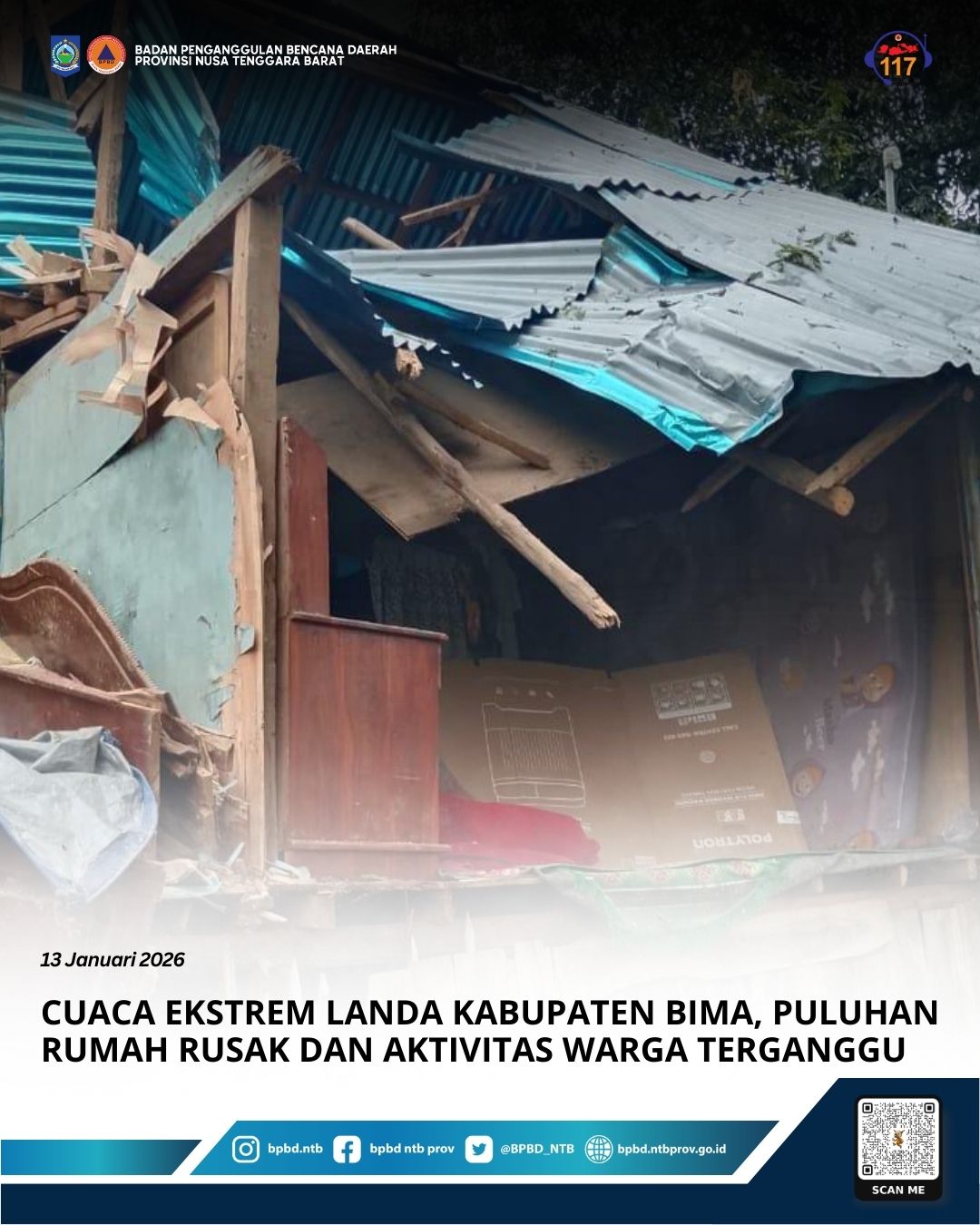 Cuaca Ekstrem Landa Kabupaten Bima, Puluhan Rumah Rusak dan Aktivitas Warga Terganggu