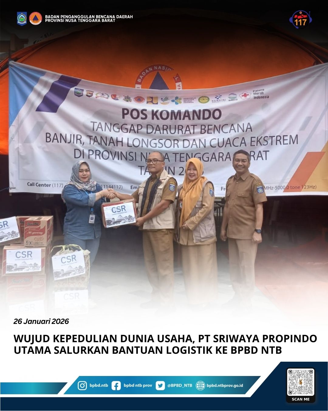 Wujud Kepedulian Dunia Usaha, PT Sriwaya Propindo Utama Salurkan Bantuan Logistik ke BPBD NTB