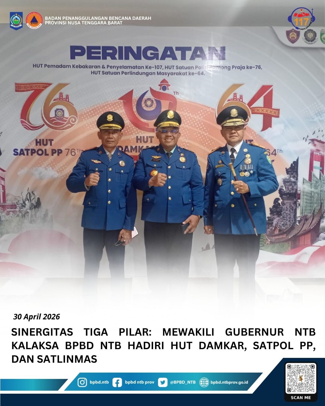 Sinergitas Tiga Pilar: mewakili gubernur NTB Kalaksa BPBD NTB Hadiri HUT Damkar, Satpol PP, dan Satlinmas