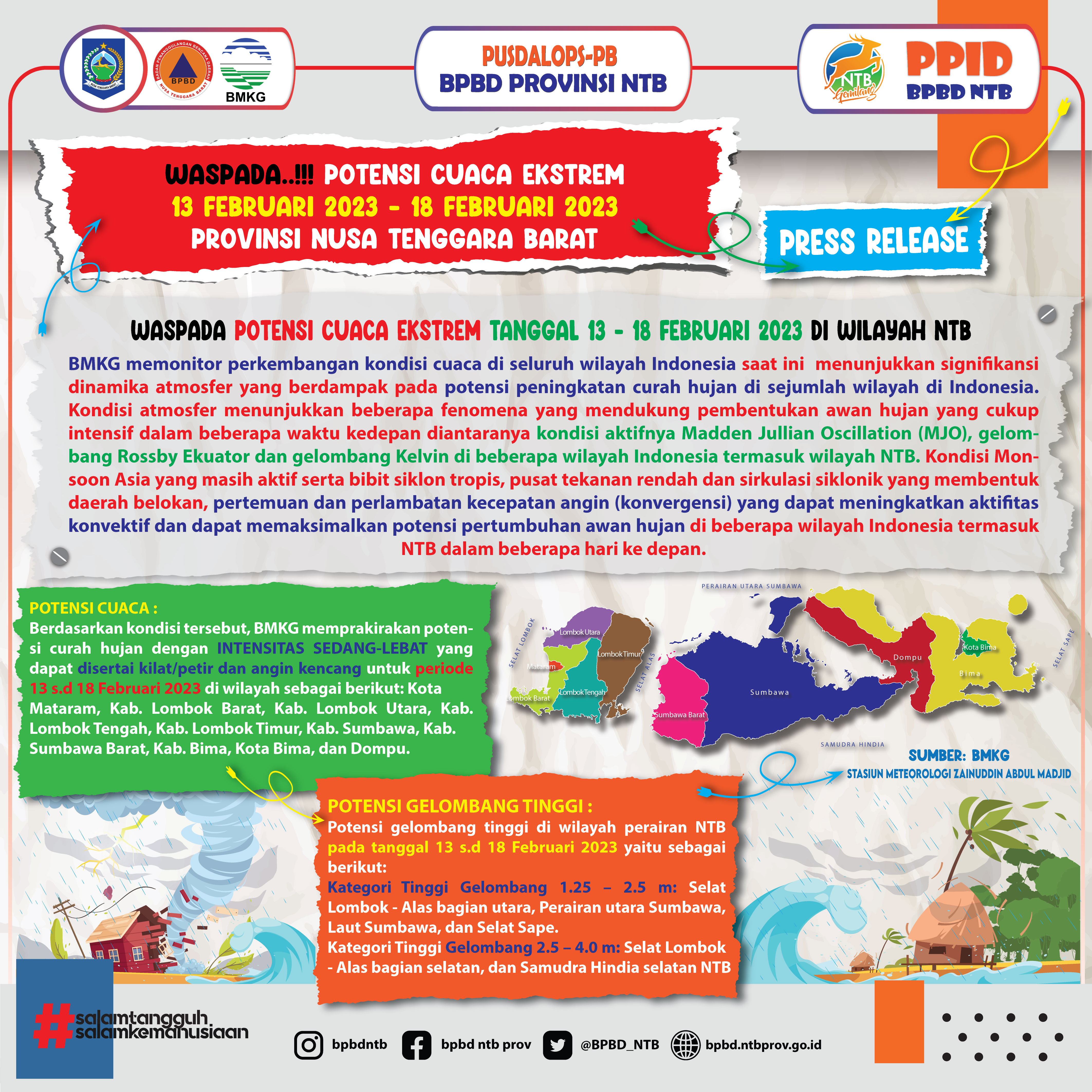 PRESS RELEASE!  WASPADA POTENSI CUACA EKSTREM TANGGAL 13 - 18 FEBRUARI 2023 DI WILAYAH NTB