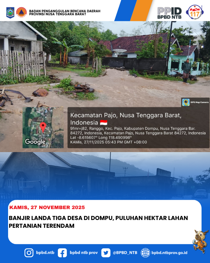 Banjir Landa Tiga Desa di Dompu, Puluhan Hektar Lahan Pertanian Terendam