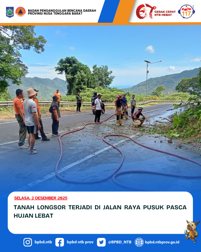 Tanah Longsor Terjadi di Jalan Raya Pusuk Pasca Hujan Lebat