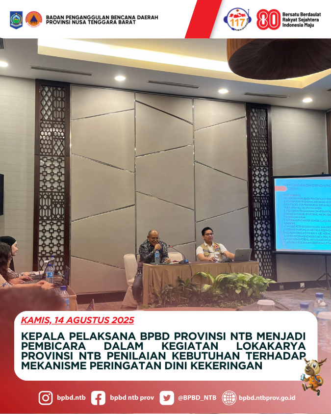 KEPALA PELAKSANA BPBD PROVINSI MENJADI PEMBICARA DALAM KEGIATAN LOKAKARYA PROVINSI NTB PENILAIAN  KEBUTUHAN TERHADAP MEKANISME PERINGATAN DINI KEKERINGAN