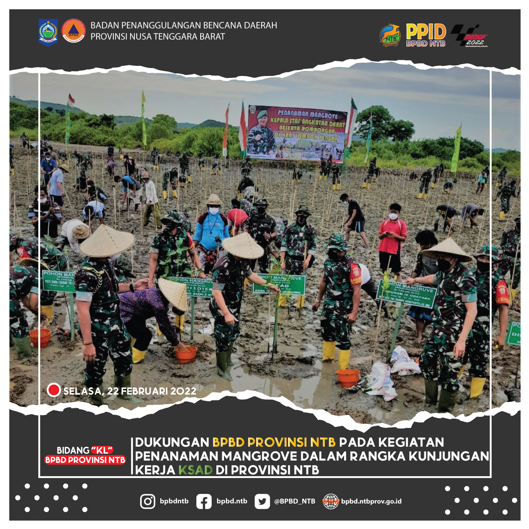 Dukungan BPBD Provinsi NTB pada Kegiatan Penanaman Mangrove dalam Rangka Kunjungan Kerja KSAD di Provinsi NTB (Selasa, 22 Februari 2022)