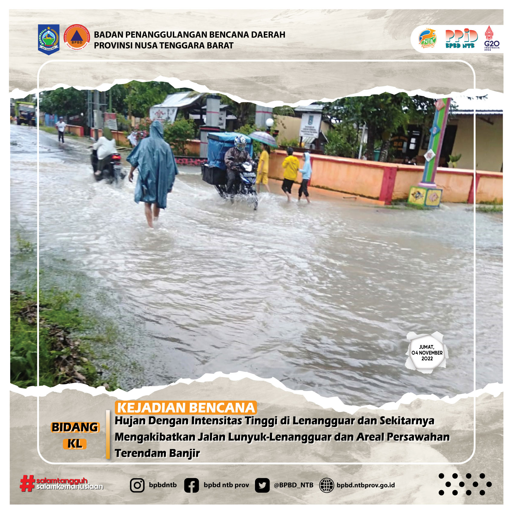 Hujan Dengan Intensitas Tinggi di Lenangguar dan Sekitarnya Mengakibatkan Jalan Lunyuk-Lenangguar dan Areal Persawahan Terendam Banjir (Jum'at 05 November 2022)