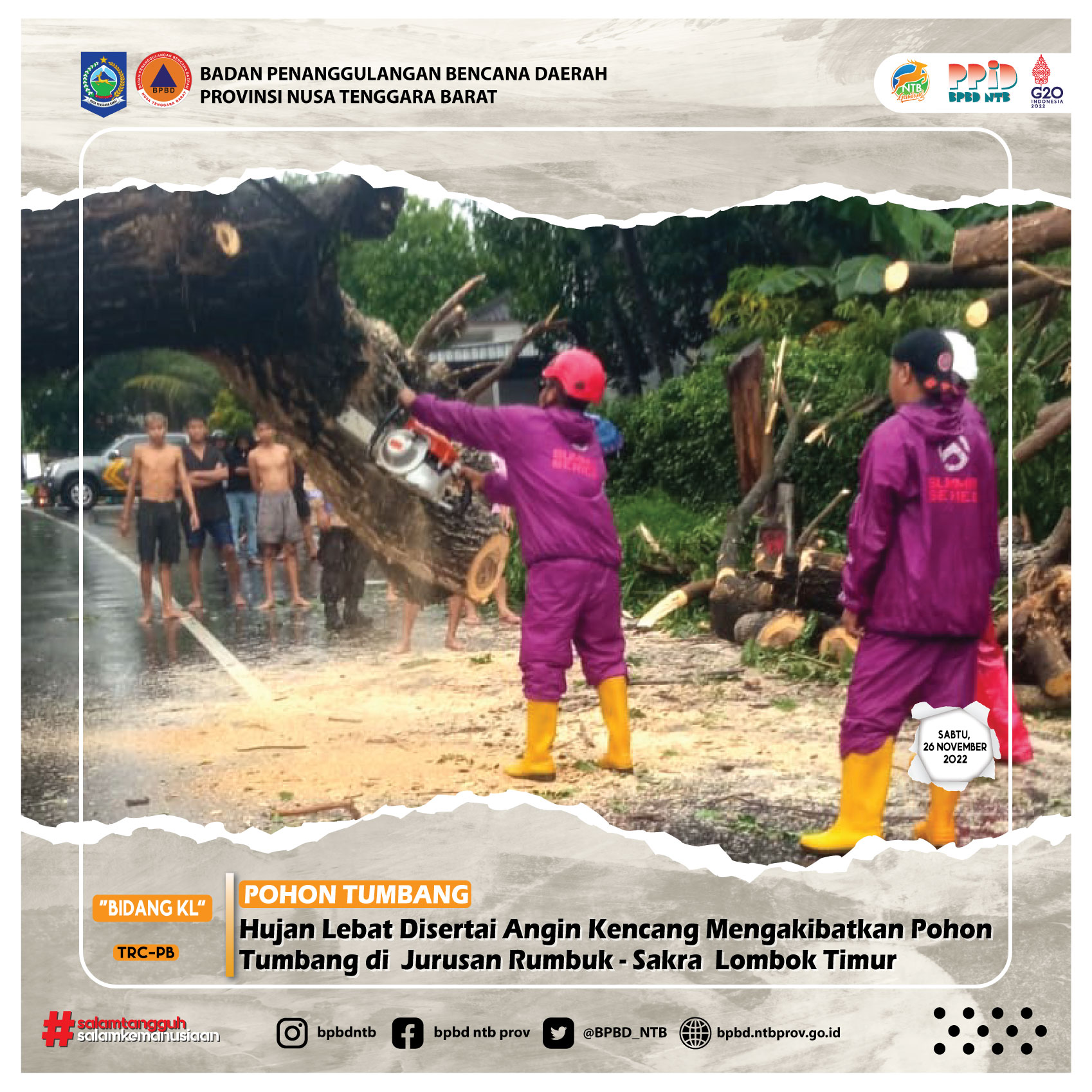 Hujan Lebat Disertai Angin Kencang Mengakibatkan Pohon Tumbang di Jurusan Rumbuk - Sakra Lombok Timur (Senin, 28 November 2022)