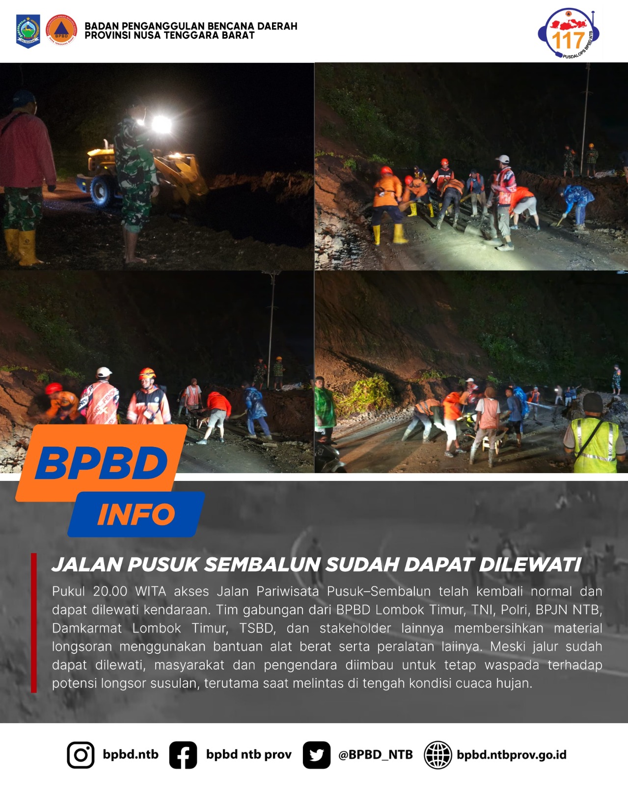 BPBD INFO -JALAN PUSUK SEMBALUN SUDAH DAPAT DILEWATI
