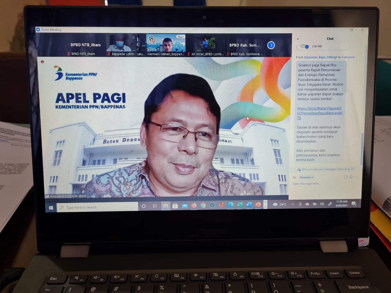 Zoom Meeting Dalam Rangka Pemantauan dan Evaluasi Pemulihan Pascabencana Provinsi NTB