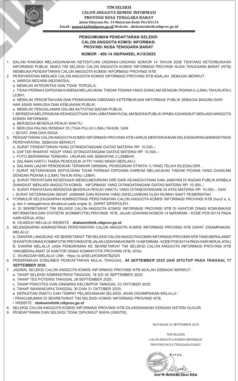 Pengumuman Pendaftaran Seleksi Calon Anggota Komisi Informasi Provinsi Nusa Tenggara Barat